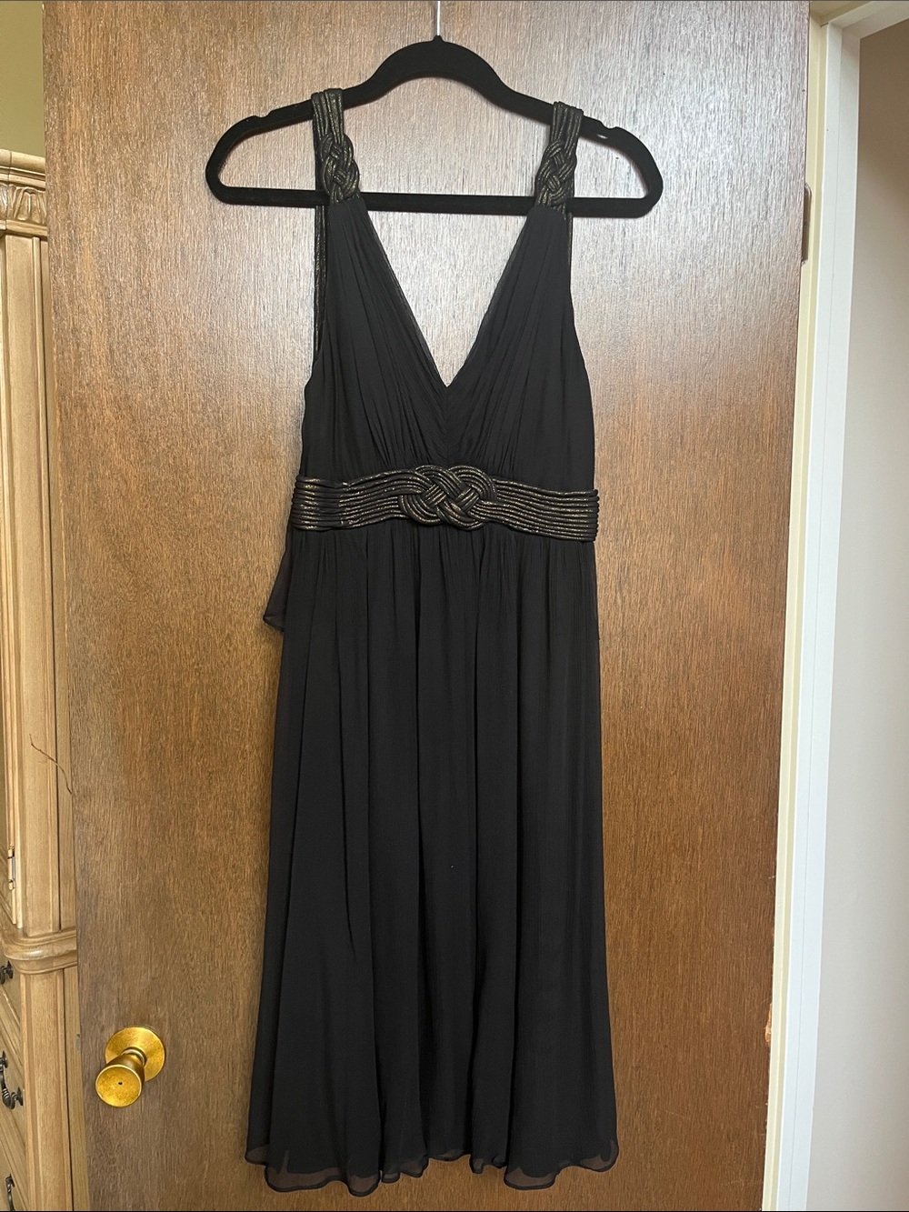 BCBG Black Chiffon V-Neck Dress with Braided Metallic Waistband